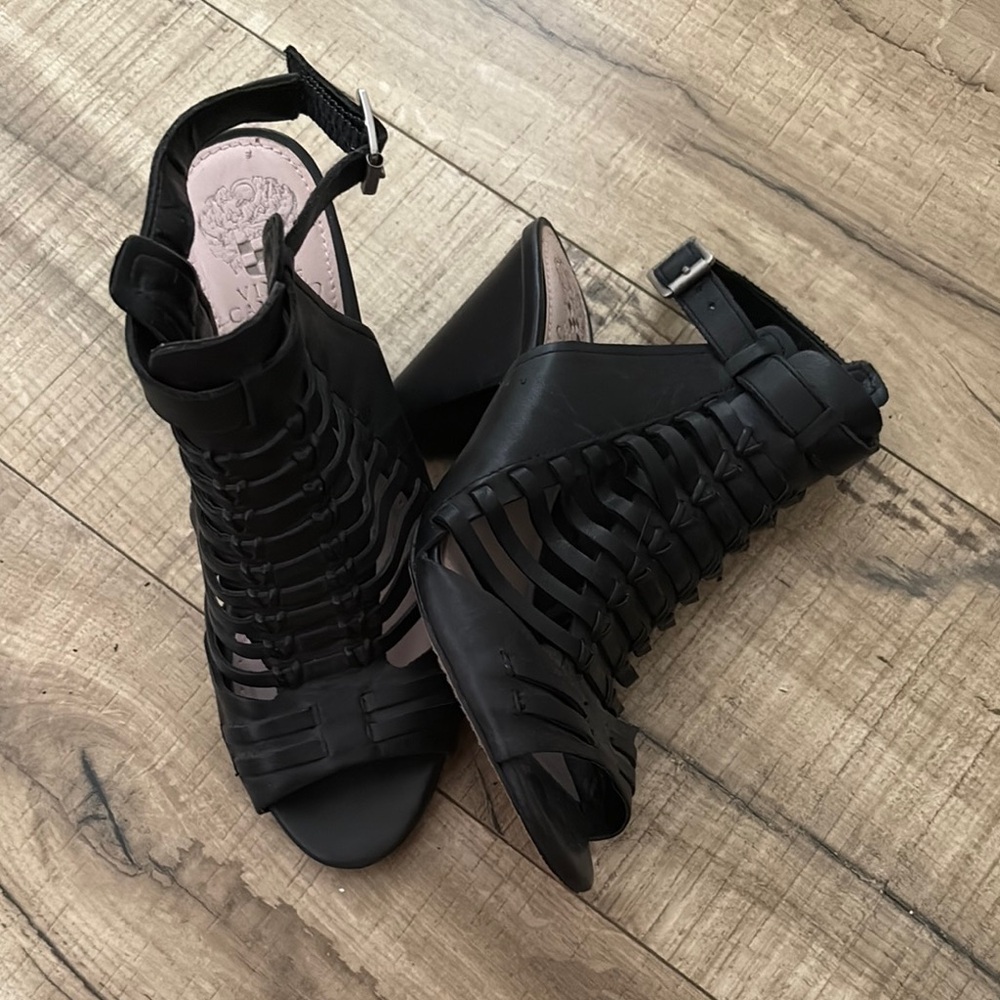 Vince Camuto W-Eliana Gladiator Black Leather Caged Cutout Cone Heel Size 6.5